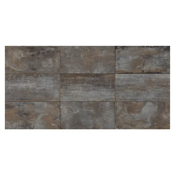 Feinsteinzeugfliese Flatiron - 60 x 120 cm, Schwarz, Matt - Nahaufnahme von neun rechteckigen Keramikfliesen mit einer braun-grauen Textur. Perfekt für moderne Boden- und Wandgestaltung.