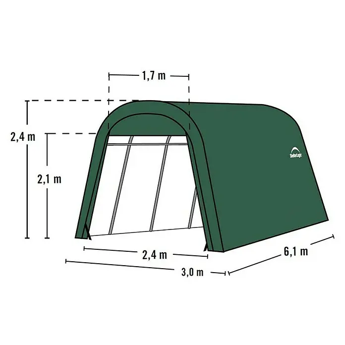 ShelterLogic Garage - 610 x 300 cm - Abbildung eines ShelterLogic-Lagerschuppens mit Größenangaben.