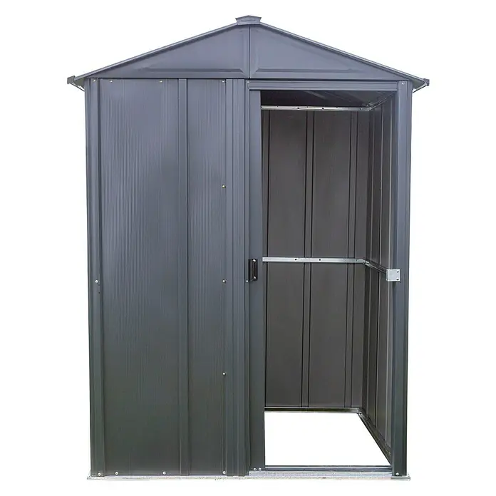 Spacemaker Gerätehaus 5x4 - Außenbreite inkl. Dachüberstand: 151 cm, Außentiefe inkl. Dachüberstand: 122 cm, Stahl, Grau - Abgebildeter Geräteschuppen mit Schiebetür. Ideal zur Aufbewahrung von Gartengeräten und Werkzeugen im Außenbereich.