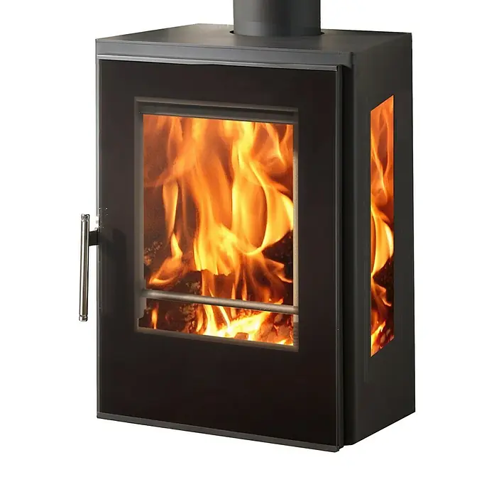 Panadero Estufa de leña Inca Wall - 8 kW, Volumen de calefacción: 250 m³, Negro - Estufa de leña moderna con ventana de cristal que muestra las llamas, brindando calidez y ambiente.