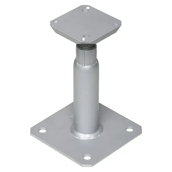 Simpson Strong-Tie Stützenfuß PP18/24BZ - Höhenverstellung: 180 mm - 240 mm, Gesamtstückzahl: 1 Stk. - Ein silberner, verstellbarer Pfostenträger mit quadratischen Platten oben und unten, ideal für Bauprojekte.