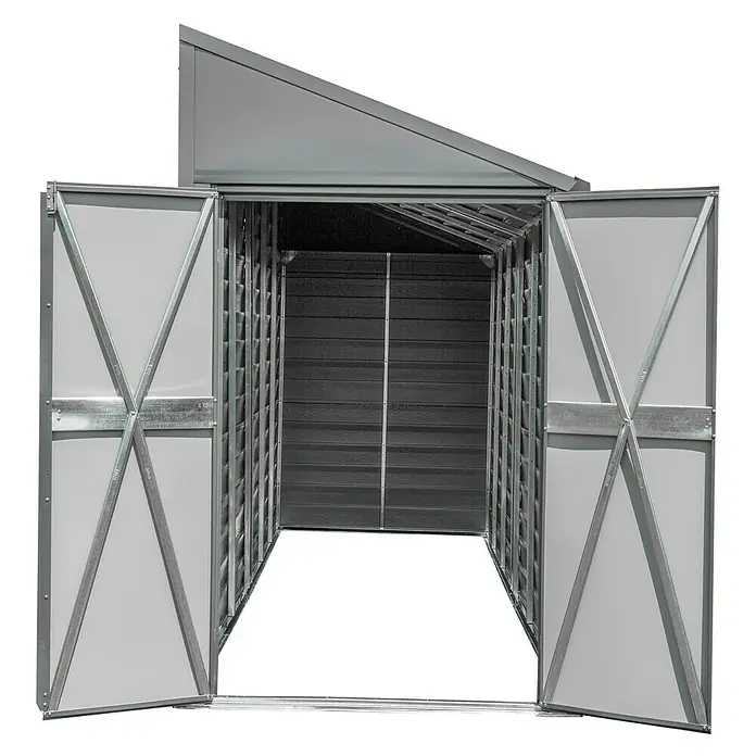 Spacemaker Gerätehaus 4x10 - Außenmaß inkl. Dachüberstand (B x T): 124,5 x 294,6 cm, Stahl, Grau - Große Metall-Gartengerätehaus mit Doppeltüren, ideal zur Aufbewahrung von Gartengeräten und -möbeln. Stabile Bauweise und wetterfest.