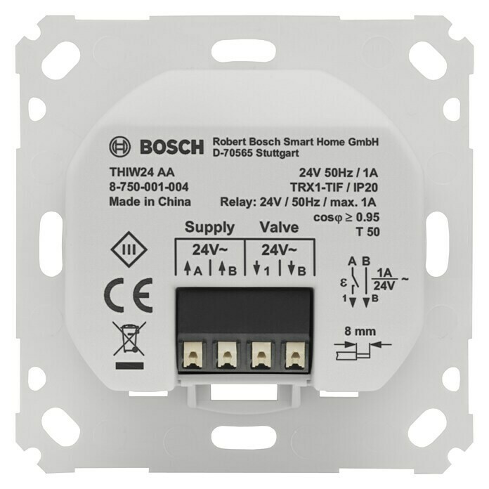 Bosch Smart Home Raumthermostat Fußbodenheizung24 V/50 Hz, Weiß, 8,6 x 8,6 x 5,4 cm Back View