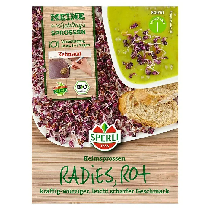 Sperli Gemüsesamen Keimsprossen - Radies rot, Raphanus sativus, Erntezeit: Ganzjährig - Produktfoto von "Sperli Radieschen Rot Keimsprossen", mit Informationen zu Anbau und Geschmack.