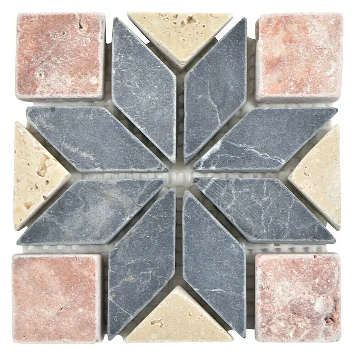 Antikmarmorfliese Dekorfliese Star A1 XND 13001 - 10 x 10 cm, Rosso, Matt - Nahaufnahme einer dekorativen Fliesenanordnung mit geometrischen Formen und verschiedenen Farben, ideal für die Wandgestaltung.