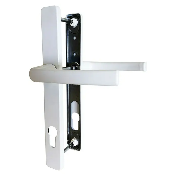 BAUHAUS Drückergarnitur - Passend für: Kunststoffnebeneingangstüren, Stärke Tür: 57 mm - 62 mm, Drücker mit Langschild, Weiß - Weißer Türgriff mit schwarzer Montageplatte für Innentüren. Elegantes Design für moderne Wohnräume.