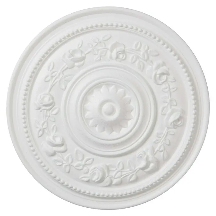Nmc Decoflair Rosette B16 - Durchmesser: 39 cm, Expandiertes Polystyrol (EPS), Weiß - Ein weißes, rundes Deckenelement mit floralen Mustern und konzentrischen Kreisen. Eine elegante Dekoration für Innenräume.