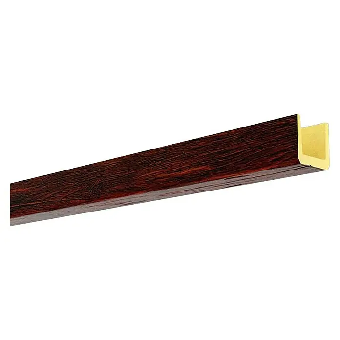 Nmc Viga decorativa de poliuretano - Nogal, 2 m x 10 cm x 10 cm, Poliuretano - Primer plano de una viga de techo decorativa con textura de grano de madera e interior amarillo, ideal para diseño rústico.