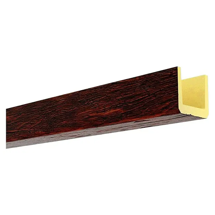 Nmc Viga decorativa de poliuretano - Nogal, 2 m x 15 cm x 15 cm, Poliuretano - Detalle de una viga hueca decorativa con aspecto de madera oscura y perfil en U, ideal para diseño interior y revestimiento.