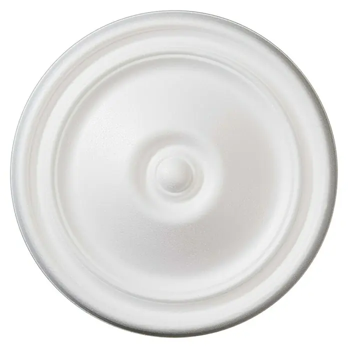 Nmc Decoflair Rosette B12 - Durchmesser: 30 cm, Expandiertes Polystyrol (EPS), Weiß - Nahaufnahme eines weißen Deckels mit einer kleinen Vertiefung in der Mitte, der ein elegantes und minimalistisches Design aufweist.