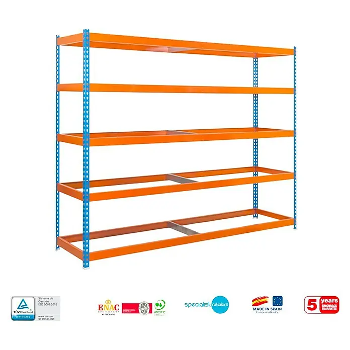 Simonrack Simonforte Estantería para cargas pesadas - Al x An x Pr: 200 x 150 x 60 cm, Número de baldas: 5 ud., Inserción, Azul/Naranja, Capacidad de carga por balda: 600 kg - Estantería resistente azul y naranja con cuatro niveles, ideal para almacenamiento y organización.