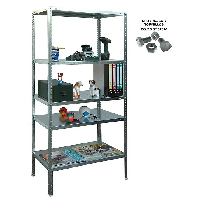 Simonrack Simonclassic Estantería metálica Comfort Mini - Al x An x Pr: 180 x 80 x 30 cm, Capacidad de carga por balda: 100 kg, Número de baldas: 5 ud., Atornillado, Galvanizado - Imagen de un estante metálico de cinco niveles, lleno de varios objetos como herramientas, libros y juguetes.