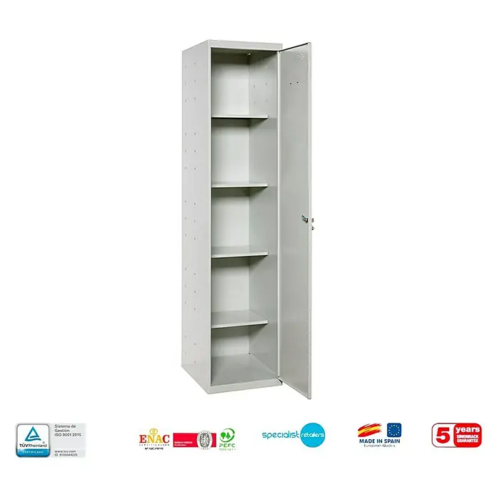 Simonrack Simonlocker Armario multiusos metálico Cabinet Desmontado - L x An x Al: 40 x 40 x 180 cm, Gris, Número de puertas: 1 ud., Desmontado - Un armario metálico gris con una puerta abierta que revela cuatro estantes grises en el interior, ideal para uso en oficina o taller.