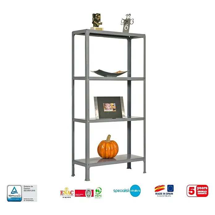 Simonrack Simonhome Estantería metálica Homeclick Color Plus - Al x An x Pr: 160 x 100 x 36 cm, Capacidad de carga por balda: 150 kg, Número de baldas: 4 ud., Inserción, Gris - En la imagen se muestra una estantería metálica gris de cuatro niveles, decorada con calabaza, marco de fotos y objetos decorativos.