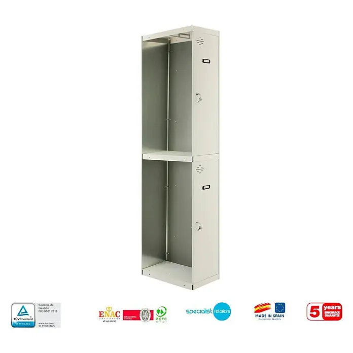 Simonrack Simonlocker Taquilla DIY Tandem Adicional - L x An x Al: 50 x 30 x 180 cm, Número de puertas: 2 ud. - Un armario metálico gris de dos niveles con dos compartimentos abiertos sin puertas, ideal para almacenamiento.