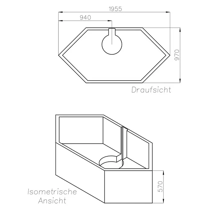 Ottofond Wannenträger Grenada - Passend für: Ottofond Badewanne Grenada 200 x 100 cm - Draufsicht und isometrische Ansicht einer hexagonalen Waschbeckenunterschrank-Konstruktion mit Maßangaben.