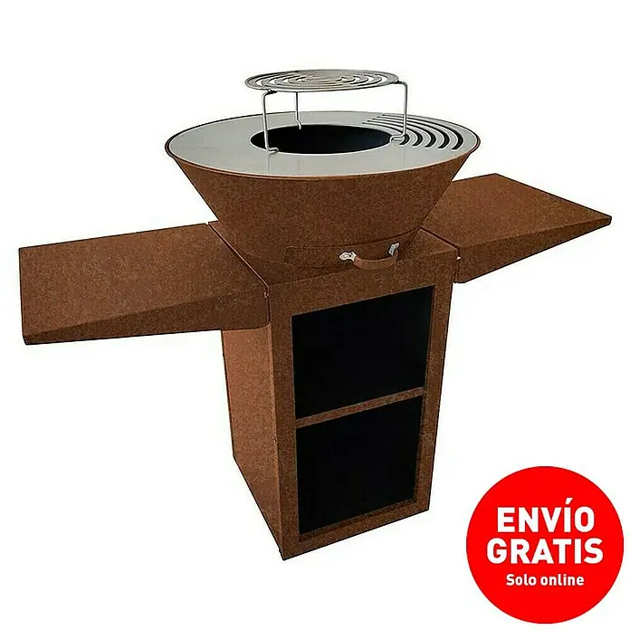 Purline Barbacoa de carbón EFP57CO - Diámetro de la superficie de la parrilla: 60 cm, Óxido - Imagen de un moderno fogón con estantes y mesas laterales, perfecto para reuniones al aire libre y parrilladas.