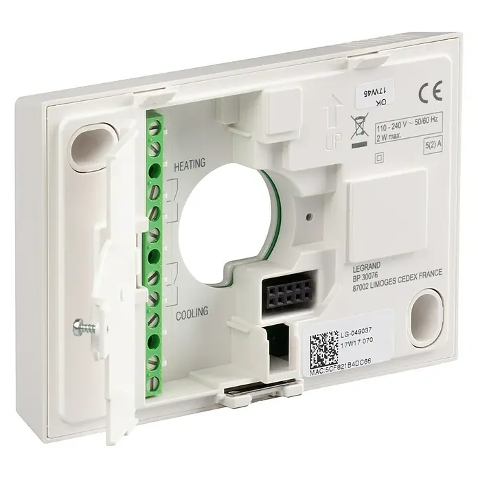 Legrand Termostato inalámbrico WiFi Elliot - Funcionamiento en red, L x An x Al: 2,81 x 12,6 x 8,7 cm - Primer plano de una base de termostato Legrand, que muestra sus conexiones internas de calefacción y refrigeración.
