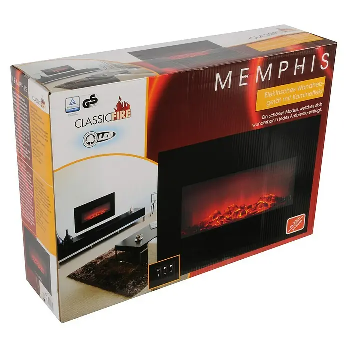 Chimenea eléctrica Memphis - 1.600 W - 1.800 W, Negro, L x An x Al: 13 x 66 x 46,5 cm - Caja de un calefactor de pared eléctrico Memphis Classicfire con efecto chimenea e iluminación LED.