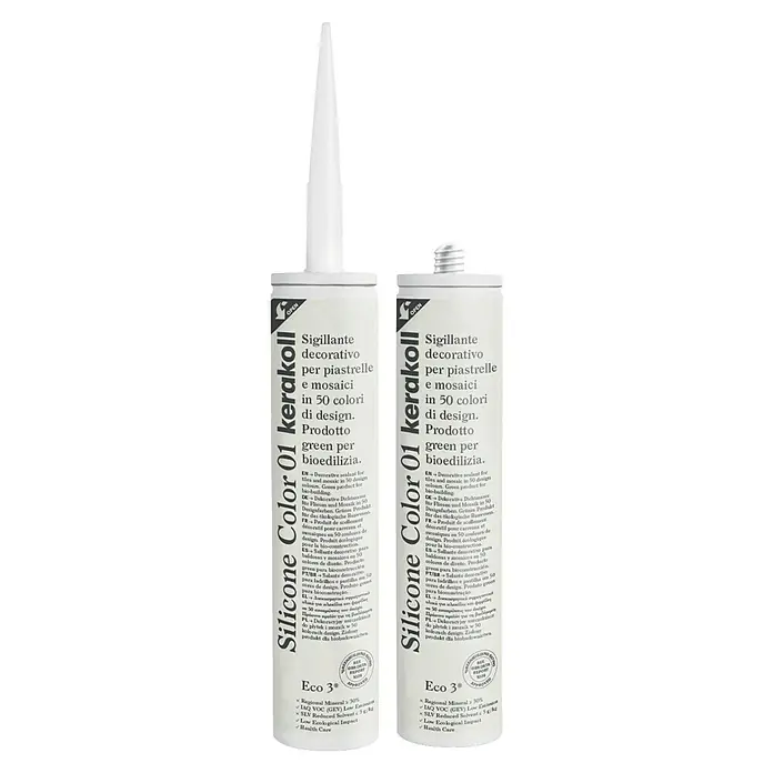 Kerakoll Silicona universal Color - Tono de color: 01, 310 ml - Dos tubos de sellador Kerakoll Silicone Color 01 para azulejos y mosaicos en 50 colores para bioconstrucción.