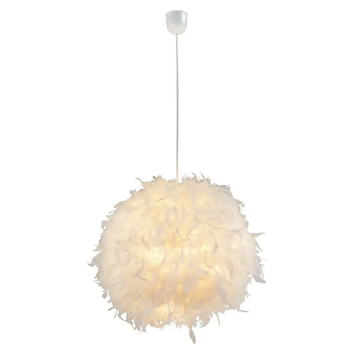 Globo Katunga Pendelleuchte - Durchmesser: 450 mm, Höhe: 120 cm - Hängelampe mit weißen Federn, die ein weiches, warmes Licht verbreitet. Ideal für Schlafzimmer oder Wohnzimmer, um eine gemütliche Atmosphäre zu schaffen.