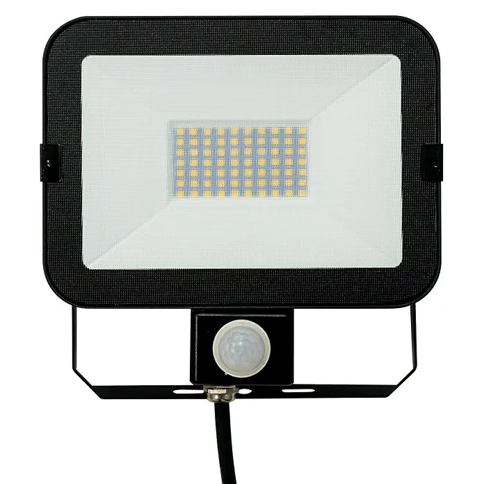 Alverlamp Proyector LED LQSEN con sensor - 30 W, L x An x Al: 5 x 14,7 x 15 cm, Negro, Blanco neutro - Foco LED con detector de movimiento. El foco tiene un marco negro y un panel LED brillante. Ideal para uso en exteriores.