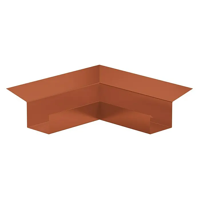 Sarei Piccolo Kastenrinnenwinkel - Nennweite: 70 mm, Innenecke, Aluminium, Ziegelrot - Nahaufnahme einer kupferfarbenen Dachrinnen-Ecke, die eine klare, moderne Ästhetik und hochwertige Verarbeitung zeigt.