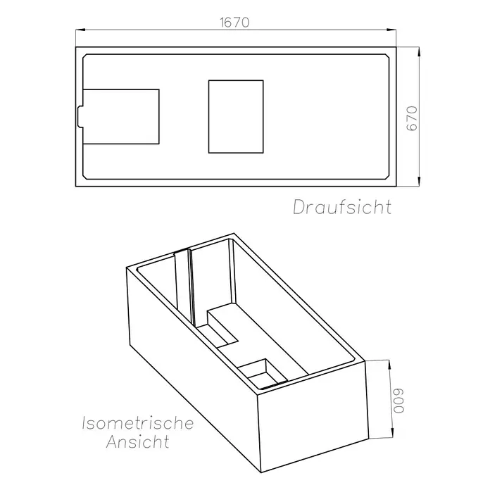 Ottofond Badewannenträger Santos - Passend für: Badewanne Santos 170 x 70 cm - Draufsicht und isometrische Ansicht einer Badewanne mit den Maßen 1670x670x600.