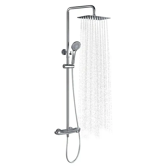 Imex Sistema de ducha Sidney - Con grifo termostático, Distancia entre orificios: 15 cm, Número de tipos de chorro: 1 ud., Cromo - Imagen de un moderno conjunto de ducha con cabezal de lluvia y ducha de mano, acabado en cromo, prometiendo una experiencia de ducha confortable.