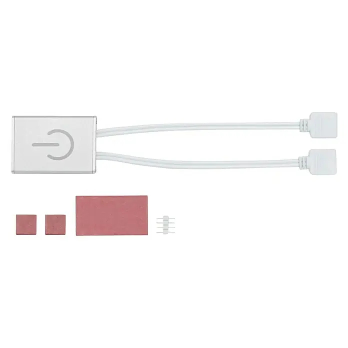 Paulmann YourLED Interruptor de palanca táctil - Encendido y apagado integrado - Imagen del producto de un controlador de tiras LED con accesorios, ideal para un diseño de iluminación flexible.