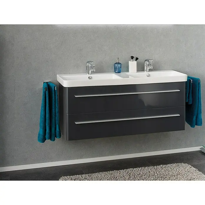 Lanzet Modern 3.0 Waschtischunterschrank - B x T x H: 115,8 x 44,5 x 48,7 cm, Grafit - Bild eines modernen Doppelwaschtisches in Grau mit zwei Handtüchern. Ideal für jedes Badezimmer.