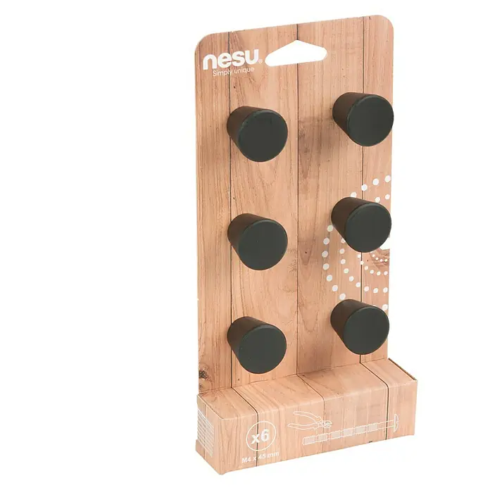Nesu Pomo para muebles 34722 6 uds. - 6 ud., Ø x Al: 25 x 25 mm, Acero - Un paquete de seis pomos negros para muebles de Nesu, dispuestos sobre una tarjeta con textura de madera. Perfecto para renovar muebles.