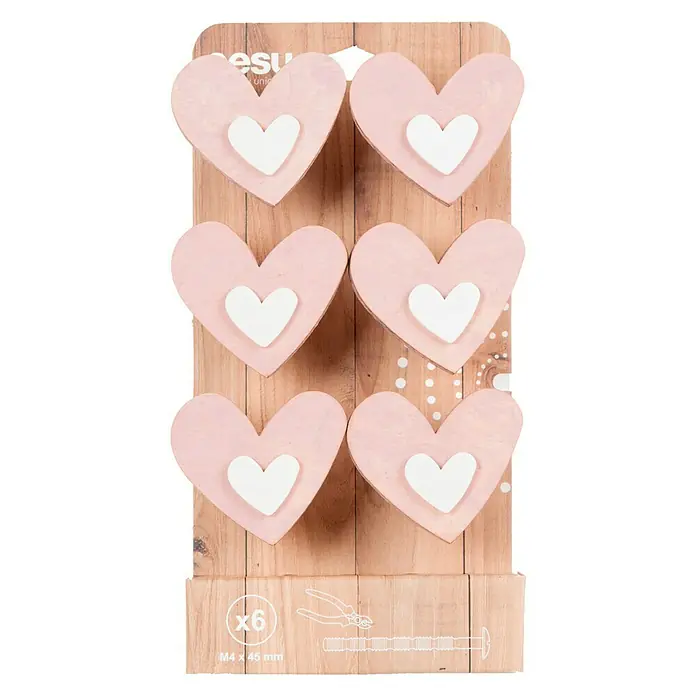 Nesu Tirador para muebles Corazón Shabby - L x An x Al: 5,4 x 4,6 x 3,2 cm, Madera, 6 ud. - Seis pomos para muebles en forma de corazón de color rosa con detalles de corazón blanco, ideales para decorar armarios y cajones de habitaciones infantiles.