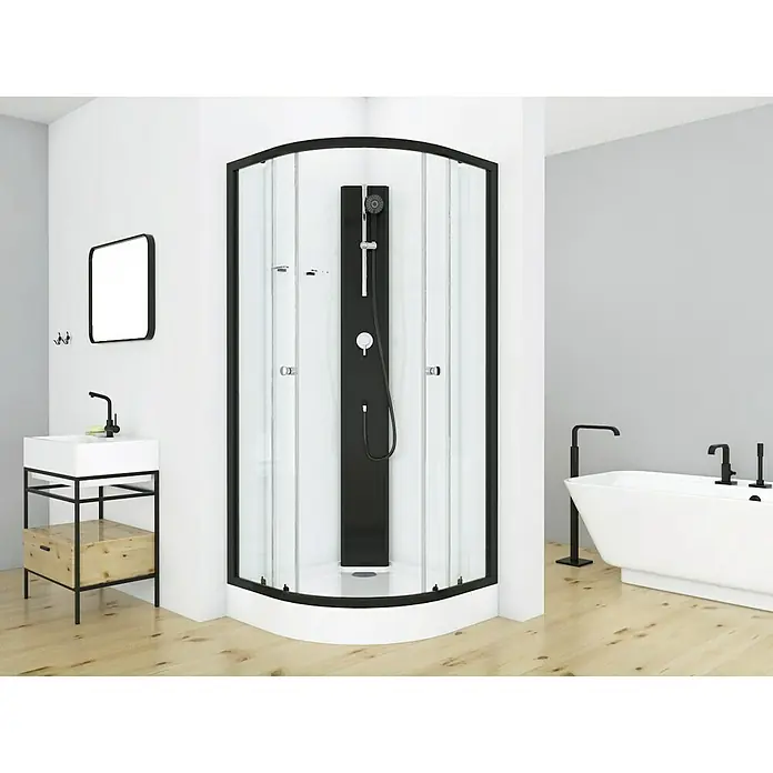 Aurlane Komplettdusche Black Sea - 90 x 90 x 210 cm, Weiß/Schwarz - Bild einer modernen Duschkabine mit schwarzem Rahmen und einer schwarzen Duschsäule in einem stilvollen Badezimmer.