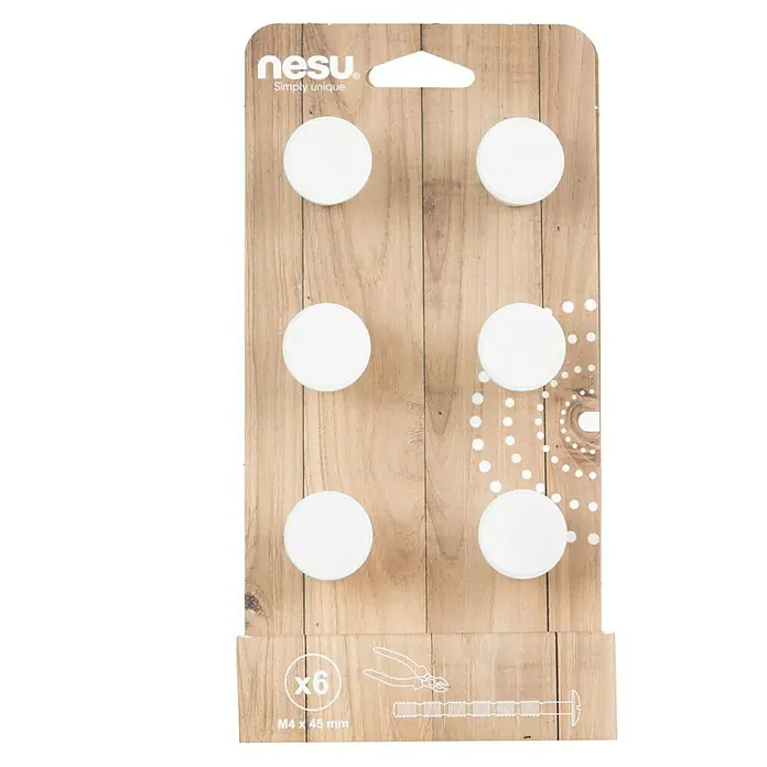 Nesu Pomo para muebles 34721 6 uds. - 6 ud., Ø x Al: 25 x 25 mm, Acero - Paquete de seis tornillos blancos M4 x 45 mm de cabeza redonda de Nesu, ideales para diversas aplicaciones de fijación.