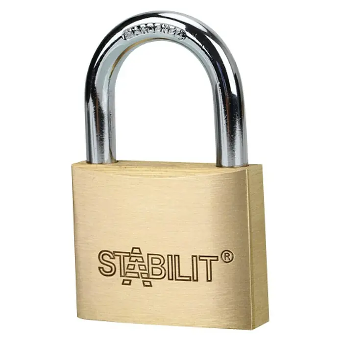Stabilit Candado M50 - Ancho: 50 mm, Espesor de estribo: 8 mm - Primer plano de un candado Stabilit de latón con un grillete plateado, que ofrece seguridad y protección.