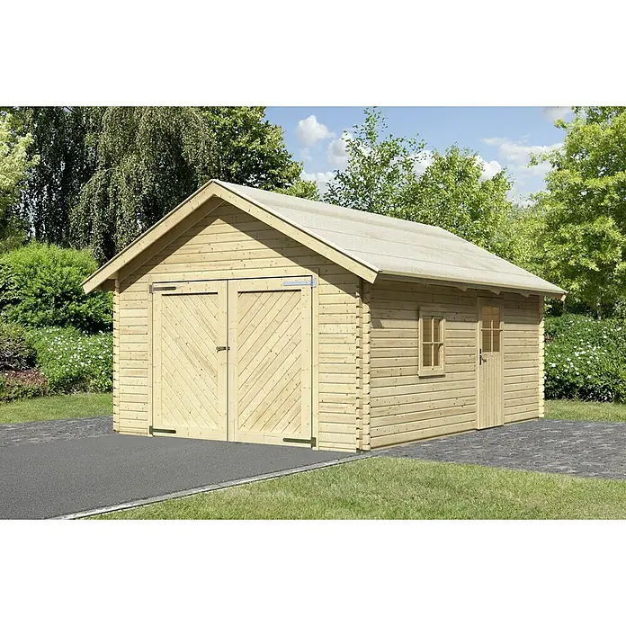 Karibu Garage - Holz, 19,4 m², Wandstärke: 40 mm, Satteldach - Hölzernes Gartenhaus mit Doppeltür und Fenster. Das Gartenhaus bietet zusätzlichen Stauraum im Freien und ein charmantes Aussehen.