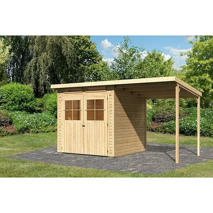 Karibu Gartenhaus Glücksburg - Außenmaß inkl. Dachüberstand (B x T): 415 x 236 cm, Holz, Natur, Grundfläche: 4,45 m² - Geräumiges Gartenhaus aus Holz mit Doppeltür und seitlichem Unterstand auf gepflasterter Fläche.