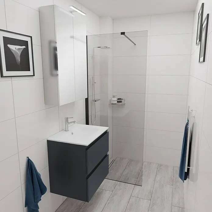 Camargue Espacio Waschtischunterschrank - 60 x 46 x 60 cm, 1 Einlegeboden, Gama anthrazit matt - Badezimmer-Interieur mit Waschtischunterschrank in Anthrazit mit weißem Aufsatzwaschbecken und einer Duschkabine mit transparentem Glas.