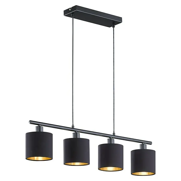 Reality Leuchten Tommy Pendelleuchte - 28 W, L x B x H: 75 x 16,5 x 150 cm, Schwarz/Gold, E14 - Schwarze Pendelleuchte mit vier zylindrischen Lampenschirmen, die ein warmes, goldenes Licht ausstrahlen und eine moderne Ästhetik erzeugen.