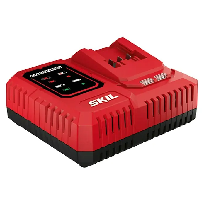 Skil PWRCore 20V Schnellladegerät 3123 AA - Skil Energy Platform Akkus 20V Max - Ein rotes SKIL Schnellladegerät für Akkus mit LED-Anzeigen und Kühlrippen für effizientes Laden.