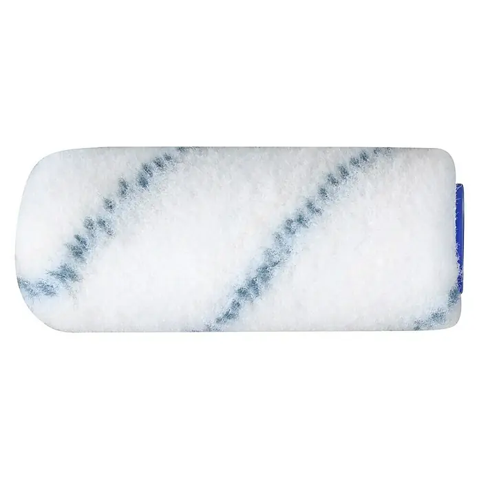 F18 Farbwalze - Breite Rolle: 12 cm, Durchmesser: 51 mm - Nahaufnahme einer weißen Farbwalze mit blauen Streifen. Ein Malwerkzeug für gleichmäßiges Auftragen von Farbe auf Oberflächen.