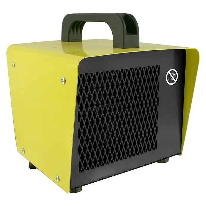 Bauheizer Box - 1.000 W - 2.000 W, Nennspannung: 220 V - 240 V, Gelb/Schwarz - Abbildung einer gelben Heizung mit einem schwarzen Griff. Die Heizung hat ein schwarzes Gitter auf der Vorderseite und silberne Schrauben.