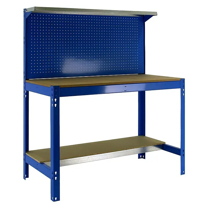 Simonrack Simonwork Werkbank BT3 900 - L x B: 61 x 91 cm, Arbeitshöhe: 144,5 cm, Belastbarkeit: 400 kg, Blau - Robuster Werkzeugtisch in Blau mit Holzplatte und Lochwand für Werkzeuge, ideal für jede Werkstatt.