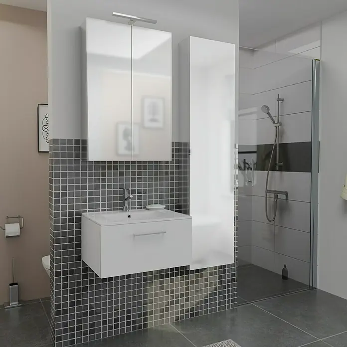 Camargue Espacio Badmöbel-Set i10 - 100 cm, Mira - Badezimmer mit modernem Waschtischunterschrank in Weiß, einem Spiegelschrank und einer Dusche. Moderne Badmöbel.