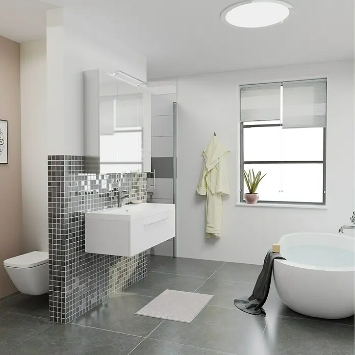 Camargue Espacio Badmöbel-Set i41 - 100 cm, Mira - Modernes Badezimmer mit freistehender Badewanne, Waschtisch mit Spiegel und WC. Elegantes Design für ein entspannendes Ambiente.