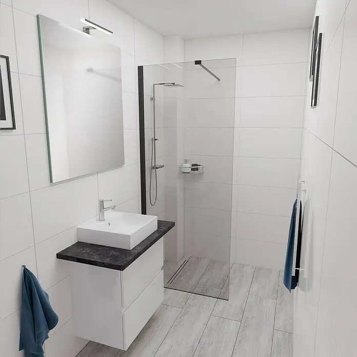 Camargue Espacio Waschtischunterschrank - 60 x 46 x 60 cm, 2 Schubkästen, Gama weiß glänzend - Modernes Badezimmer mit weißem Waschtisch, Spiegel und begehbarer Dusche. Das elegante Design sorgt für einen stilvollen Look.