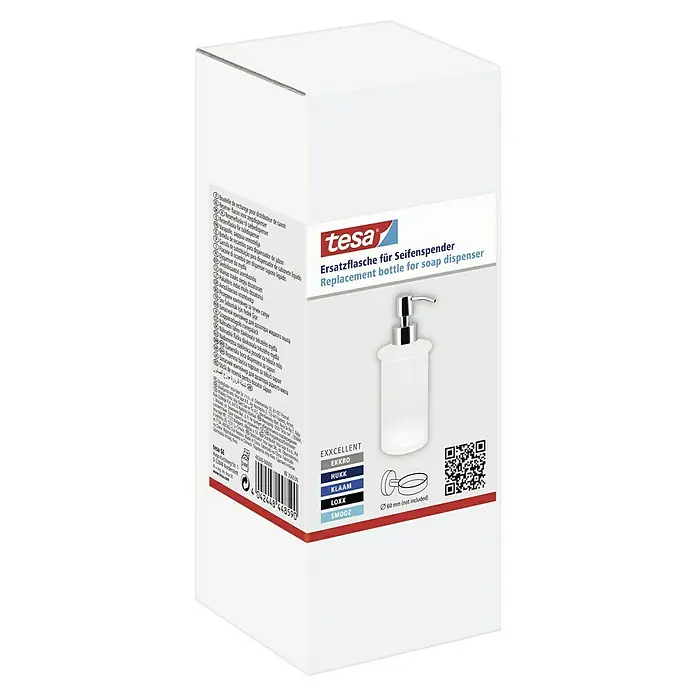 Tesa Ersatz-Seifenspender - Weiß/Chrom, Satiniert - Karton mit einer Tesa Ersatzflasche für Seifenspender. Die Flasche ist weiß und hat einen silbernen Spenderkopf.