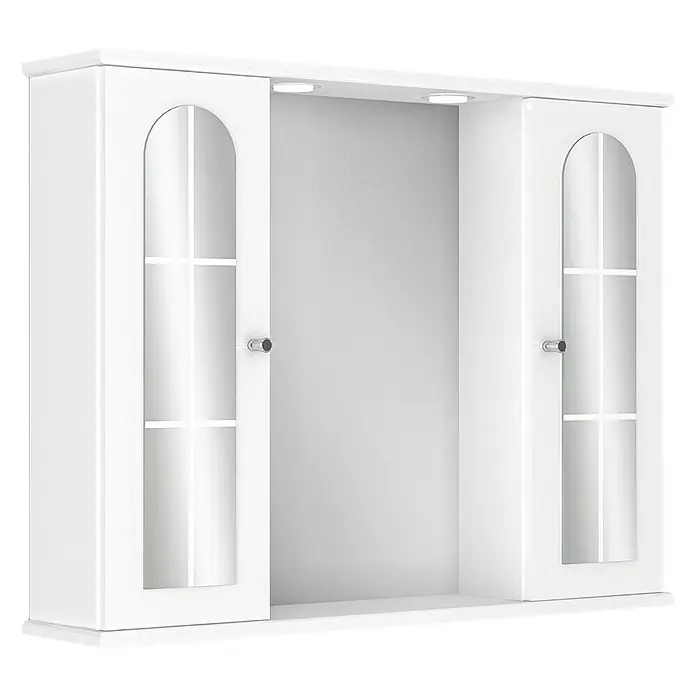 Riva LED-Spiegelschrank Magic - B x H: 82 x 63,4 cm, Holz, Weiß - Ein weißer Hängeschrank mit zwei Glastüren und Beleuchtung, ideal für Badezimmer oder andere Räume, die zusätzlichen Stauraum benötigen.