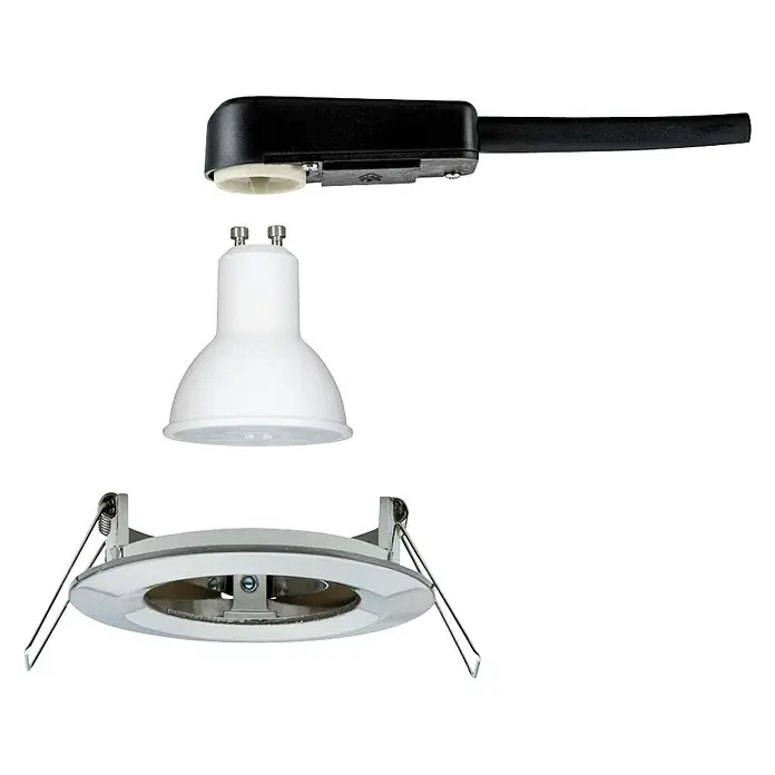 Paulmann LED-Einbauleuchte Nova - 6,5 W, Eisen gebürstet, Warmweiß, 1 Stk., IP44 - Explosionszeichnung einer Downlight-Leuchte mit schwarzem Treiber, weißem Leuchtmittel und Chromfassung.